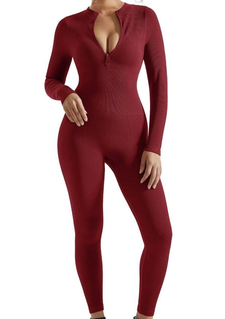SUUKSESS Women Long Sleeve Ribbed Jumpsuit Zip up-Front Bodycon Romper XL, Red